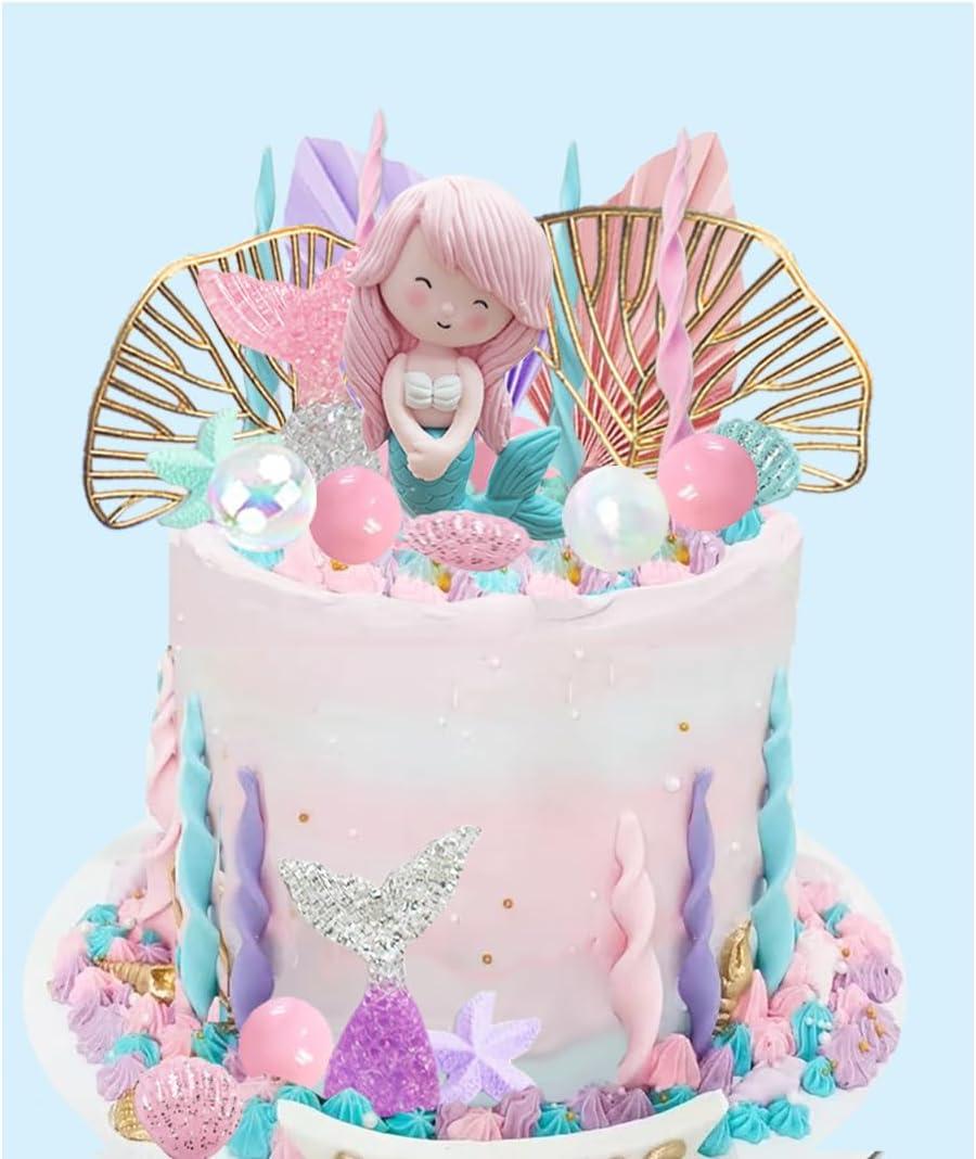 Mermaid Cake Topper Under The Sea Cake Toppers set with Little Mermaid Seaweed Bubble Golden Leaves for Mermaid Birthday