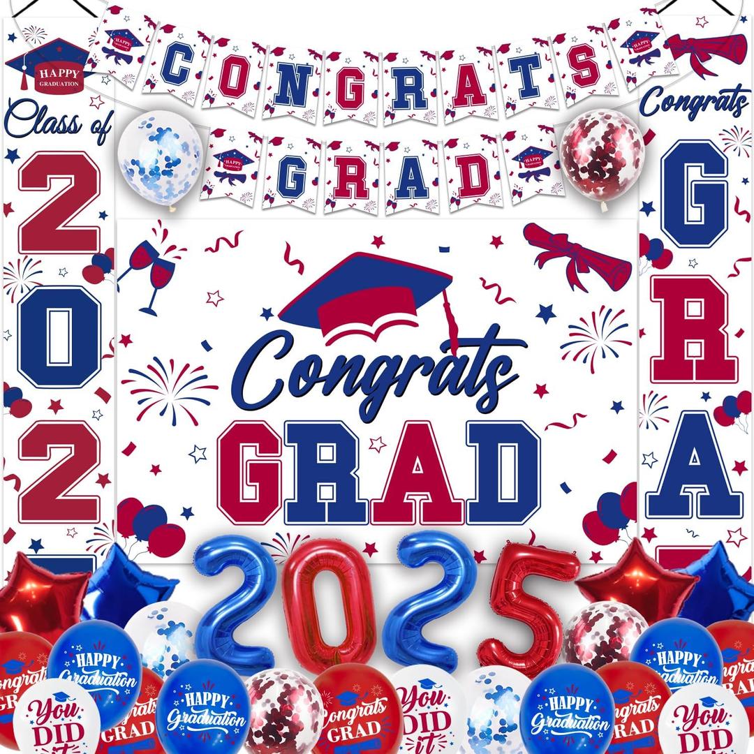 Graduation Decorations Class of 2025, Blue Red Graduation Party Decorations Set Includes Congrats Grad Backdrop Banner, 2025 Foil Balloons and Latex Balloons, Graduation Party Supplies