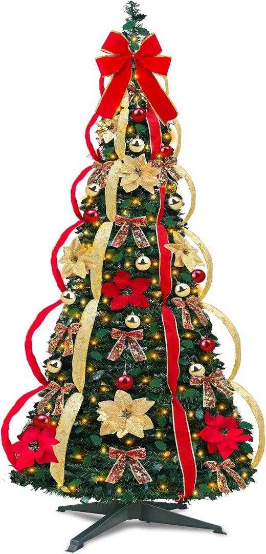 6.5 Ft Prelit Full Pop up Christmas Tree with Timer 8 Mode 200 Warm Lights, Ornaments, Red&Gold Ribbon, Flowers, Bows,UL Plug Powered, Fire-Resistant Collapsible Outdoor Indoor Holiday Party Decor