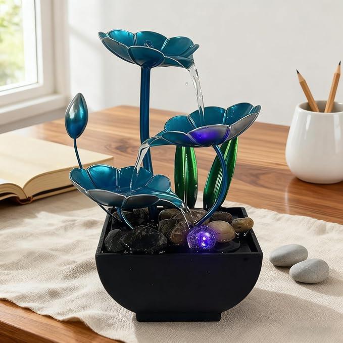 AOZITA Tabletop Fountain, Indoor Waterfall Fountain, Small Home Décor Zen Relaxation Soothing Sound Machine for Office, Living Room, or Bedroom,Blue Metal Lotus with Bud, River Rocks, LED
