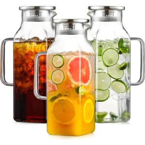 Netany 3 Pack 2 Liters/68 oz Square Glass Pitcher with Lid and Handle for Fridge, Iced Tea and Coffee Carafe Beverage Serveware, Heat Resistant Borosilicate Water Jug for Hot/Cold Drinks and Milk