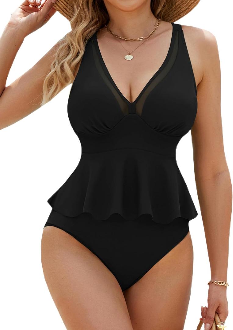 Edelqual Womens Swimsuits Tankini Two Piece Bathing Suits Tummy Control High Waisted Bikini Set 2025 Ruffled Swimwear (Black, L)