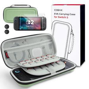 CoBak Large Capacity Carrying Case for Nintendo Switch 2 (2025) - 3 in 1 Accessories Bundle with 2 Screen Protectors, Thumb Grip Caps, 24 Game Cartridges, Hard Shell Portable Travel Pouch, Matcha