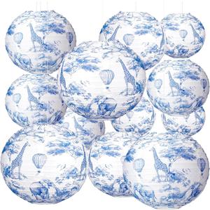 Retisee 12 Pcs 10'' Blue Safari Toile De Jouy Paper Lantern Party Supplies Blue Safari Jungle Theme Paper Lantern for Baby Shower Wedding Birthday Bridal Shower Photoshoot Chinoiserie Party Decoration