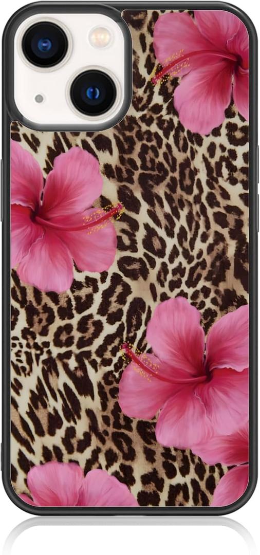 Axulimin Cute Pink Hibiscus Flowers Leopard Cheetah Print Aesthetic Phone Case for iPhone 14 & iPhone 13 Case for Women Girls -6.1 Inch