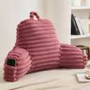 Faux Fur Fluffy Dusty Rose Reading Pillow with Pockets, Luxury Striped Plush Decorative, Arm Rests and Back Support for Bed Rest, Lounging on Sofa, Extra Large Size for Adult.