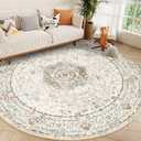 Round Rug 9ft,Large Boho Circle Area Rugs for Bedroom Living Room,Beige Washable Vintage Bohemian Distressed Oriental Floral Carpet Non Slip, 9'x9'