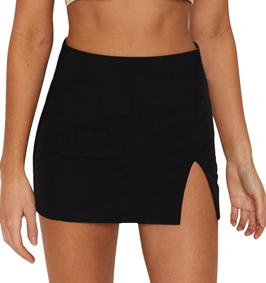 Black Mini Skirt Women's High Waisted Stretch Fitted Bodycon Skirt with Slit (Black, XL)