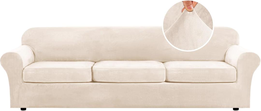 H.VERSAILTEX Modern Velvet Plush 4 Piece High Stretch Sofa Slipcover Furniture Protector Form Fit Velvet Extra Large Sofa Cover for 3 Cushion Couch Width Up to 105 Inch (XL Sofa, Butter Cream)