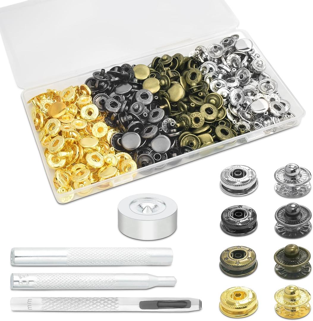 50Sets Snaps Button Kit, Leather Snaps Fasteners, Metal Button Press Studs with 4 Install Tools for Fabric Leather Bag Clothes Jackets Bracelets Fashion DIY Sewing (12mm, Mixed)