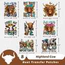 8 Pcs Highland Cow Heat Transfer Patches, Vinyl Designs Iron on Transfers for T-Shirts, Western DTF Heat Transfer Stickers for Clothes, Iron on Decals for DIY Clothing, Hats and Pillows