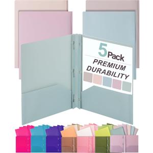 Mr. Pen- Plastic Folders with Pockets and Prong, 5 Pack, Muted Pastel Colors, Pocket Folders with Prongs and Fasteners, 2 Pocket
