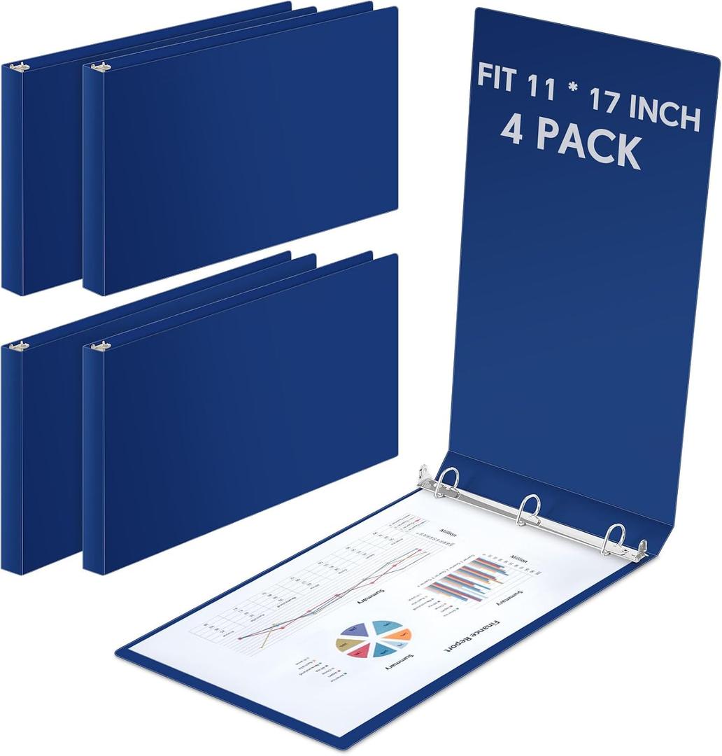 4 Pcs 11 x 17 Inch 3 Ring Binders 1 Inch Rings Heavy Duty View Plastic Flexible D Ring Binders Economy Holds 11" x 17" Paper for Artwork Blueprints, Office, Home, Work Places(Blue)