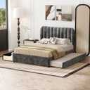 Upholstered Full Platform Bed with Trundle and Drawers for Bedroom, Living Room,Solid Wood Platform Bedframe w/Wood Slat Support,Space Saving Design,No Box Spring Needed,Gray