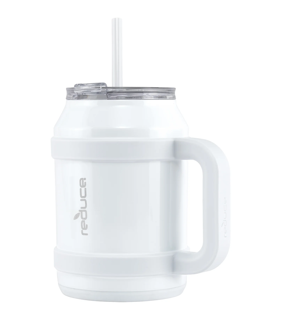 REDUCE Reusable 50 oz Cold1 Water Tumbler – Ergonomic Handle – Double-Wall Insulation – Sturdy Desktop/Tabletop Mug with Lid and Straw – BPA-Free – Stainless Steel for Gym, Home, or Office– White