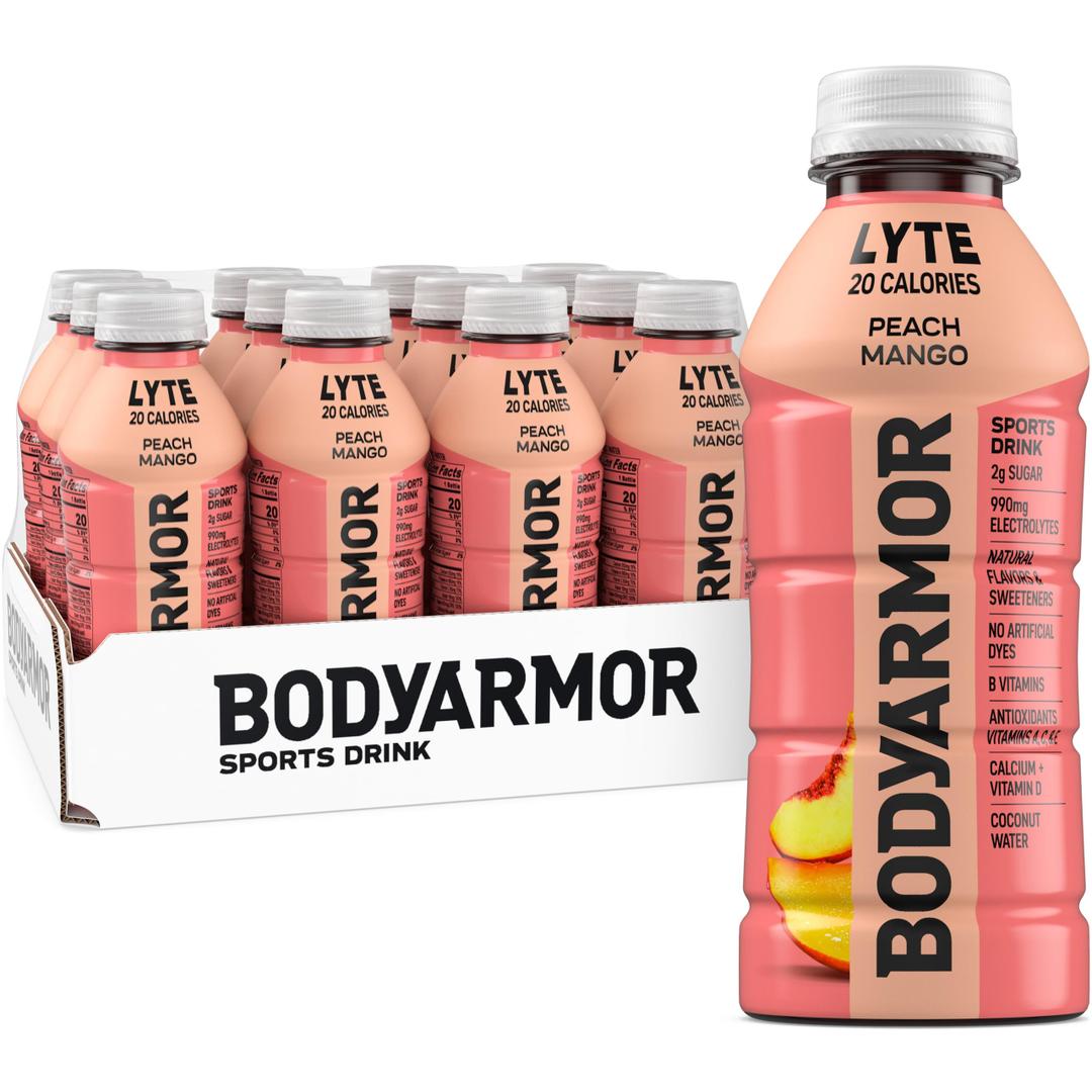 BODYARMOR LYTE, Peach Mango, Electrolyte Drink, 20 Calories, 16 Fl Oz Bottles (9 Pack), Coconut Water Sports Drink, Natural Flavor & B Vitamins Exp. 05/03/2027