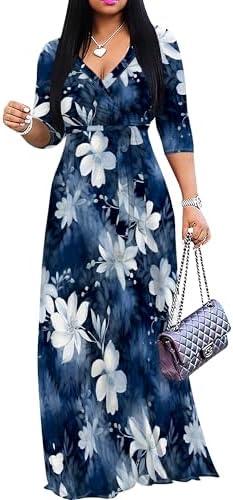 PinkPatty Plus Size Maxi Dresses for Women Casual Flowy Long Dress 3/4 Sleeve V Neck Wrap Dress with Belt L/XL