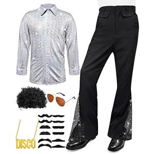6 Pcs Mens 70s Disco Outfits Retro Halloween Couples Costume with Bell Bottom Pants, Medium