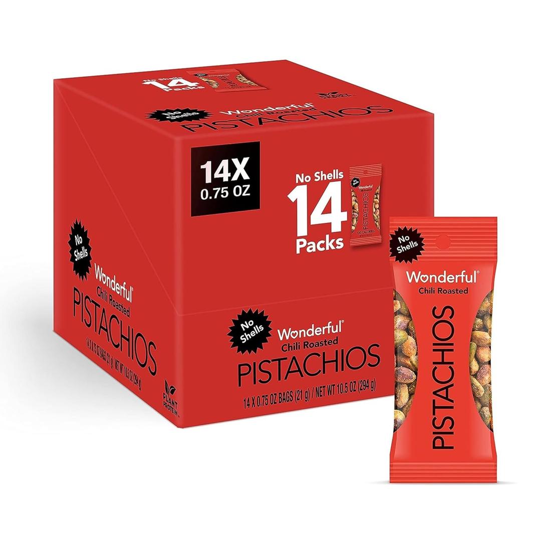 Wonderful Pistachios No Shells, Chili Roasted Nuts, 0.75 Ounce Bag (Pack of 14), Spicy Nuts Individual Packs, Protein Snack, Gluten Free Snacks, Bulk Snacks (EXP 09/20/26)