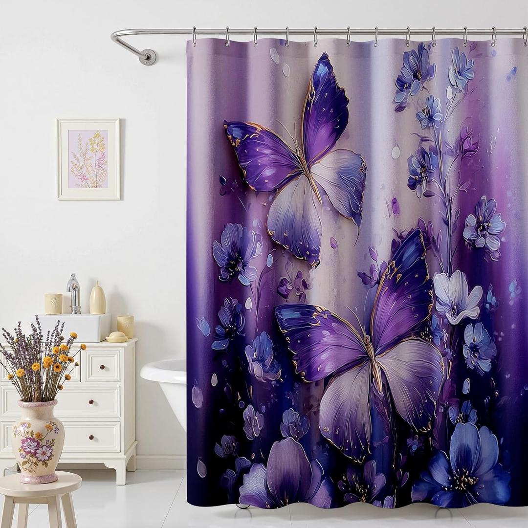Lindameler Purple Butterfly Floral Shower Curtain Vintage Farmhouse Flowers Shower Curtain Waterproof Washable Purple Floral Bathroom Decor Bath Curtain 72 X 72 Inch