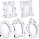 Maitys 5 Pcs Mini Picture Vintage Frames with Stands Tiny Antique Photo Baroque Ornate Resin Oval Frame Table Top Display Home Wedding Decor (White)