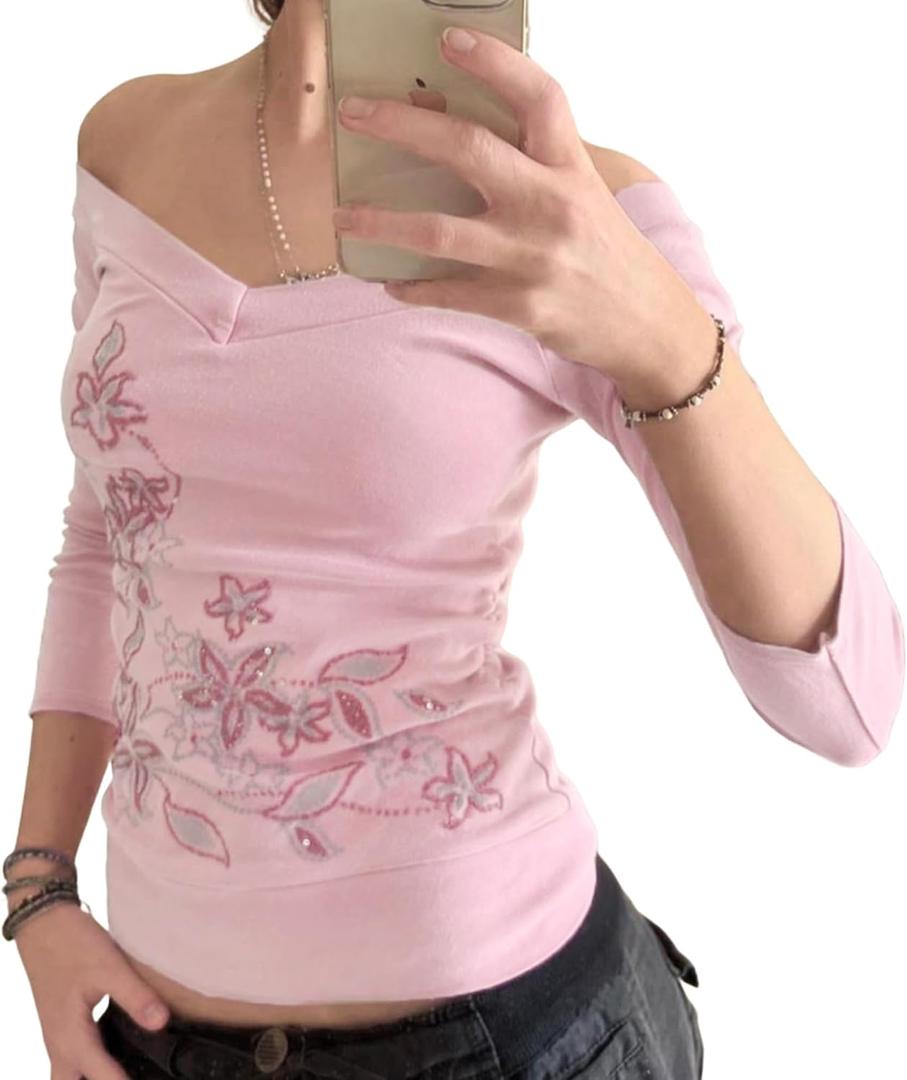 Y2k V Neck Floral Tops Women Fairy Grunge Vintage Long Sleeve Top 2000s Emo Graphic Cute Cloth, M
