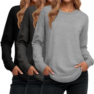 Ficerd 3 Pack Women's Long Sleeve Shirts, Cotton Crew Neck Tunic Tops Casual Loose Fit Pullover Sweatshirts Curved Hem Shirts (Medium, Black, Dark Gray, Light Gray)