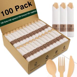 Bamboo Compostable Cutlery Set 100 Pack - Biodegradable Utensils with Forks, Knives, Spoons & Napkins - Eco Friendly Disposable for Wedding, Party & Camping