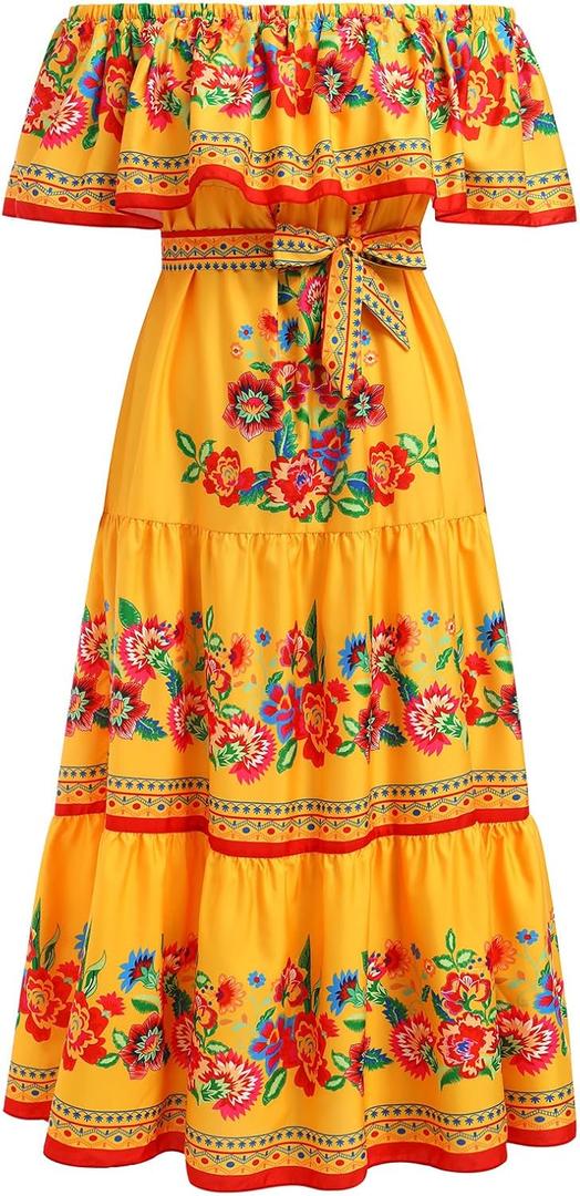 Women Mexican Dress Off Shoulder Floral Long Maxi Dress Summer Beach Party Cinco de Mayo Dresses with Belt (3X-Large, Yellow)