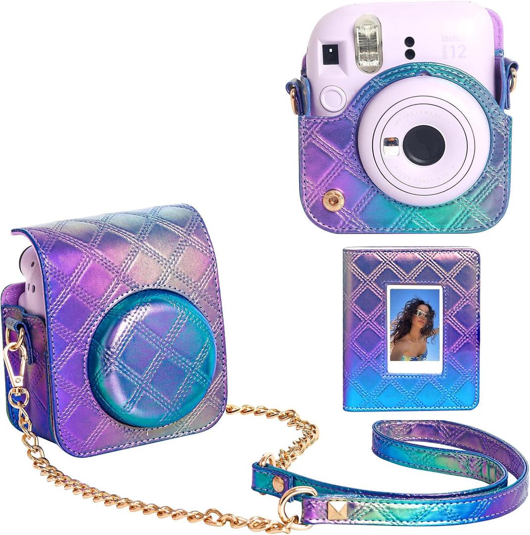 WOGOZAN Mini 12 Protective Case for Fujifilm Instax Mini 12 Instant Case, Mini 12/11 PU Leather Camera Case with 64 Pocket Mini Photo Album, Metal Chain Shoulder Strap (No Camera) - Pearl Blue Purple