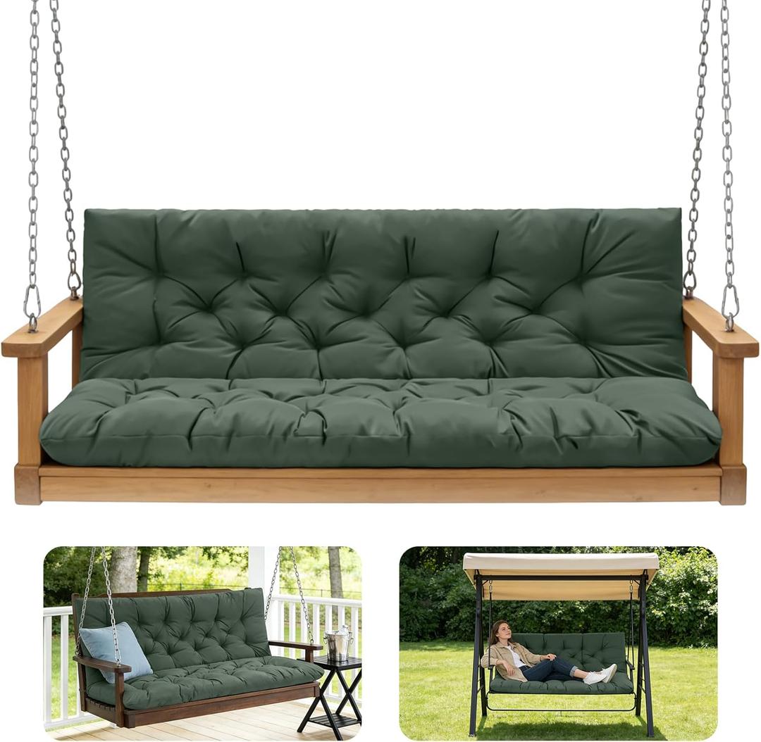 Porch Swing Cushions, Outdoor Cushions 3 Seater Replacement with Backrest, Waterproof Thickened Bench Cushion with Ties for Porch, Patio, Outdoor, Backyard and Garden (Dark Green 60 * 40 in)