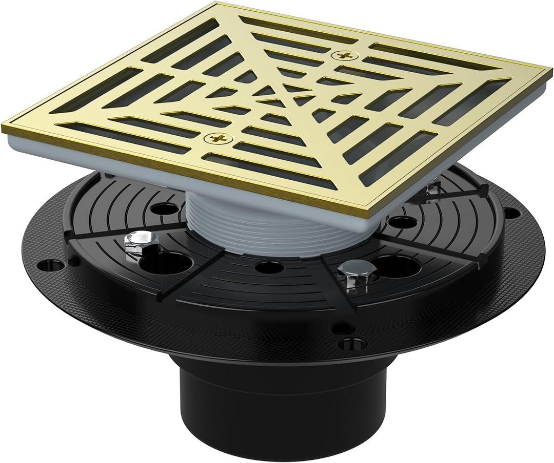 EXF Square Shower Drain 4-1/3 Inch Brushed Gold, Low Profile Stainless Steel Bathroom Floor Drain with Screw in Cover