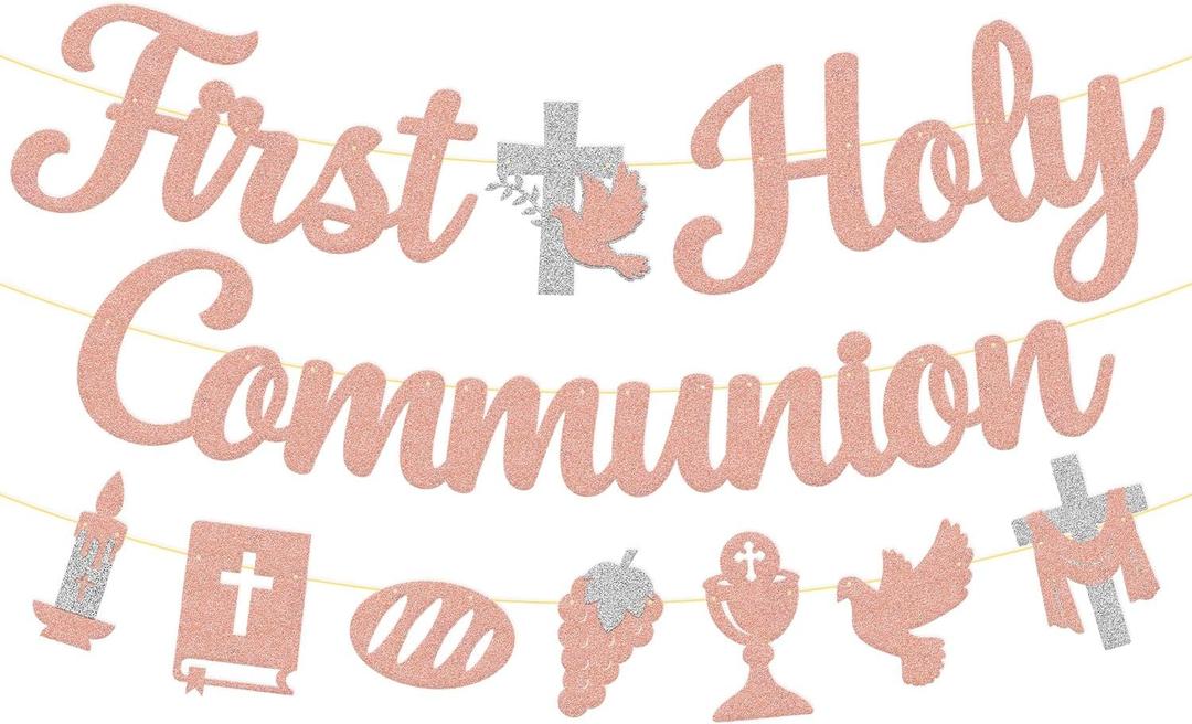 First Holy Communion Banner Baptism Religious Cross God Bless Christening Sign Party Decorations for Christian Kids Boy Girl Baby Shower Party Supplies (Rose Gold)