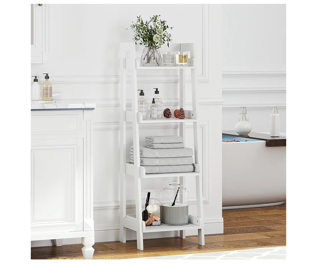 UTEX 4-Tier Ladder Shelf, Bathroom Shelf Freestanding, 4-Shelf Spacesaver Open Wood Shelving Unit, Ladder Shelf (White)