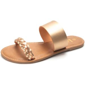LM Women's Braided Slide Sandals Open Toe Two Band Slip On Flat Sandals Casual Summer Sandals, 7 (Gold)