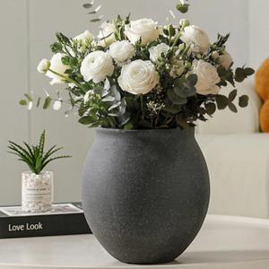 Black Ceramic Planter & Vase, 9.7" H Charcoal Tone | Wide Mouth Round, Farmhouse Planter Pot, Drainage Hole, Rustic Home Decor