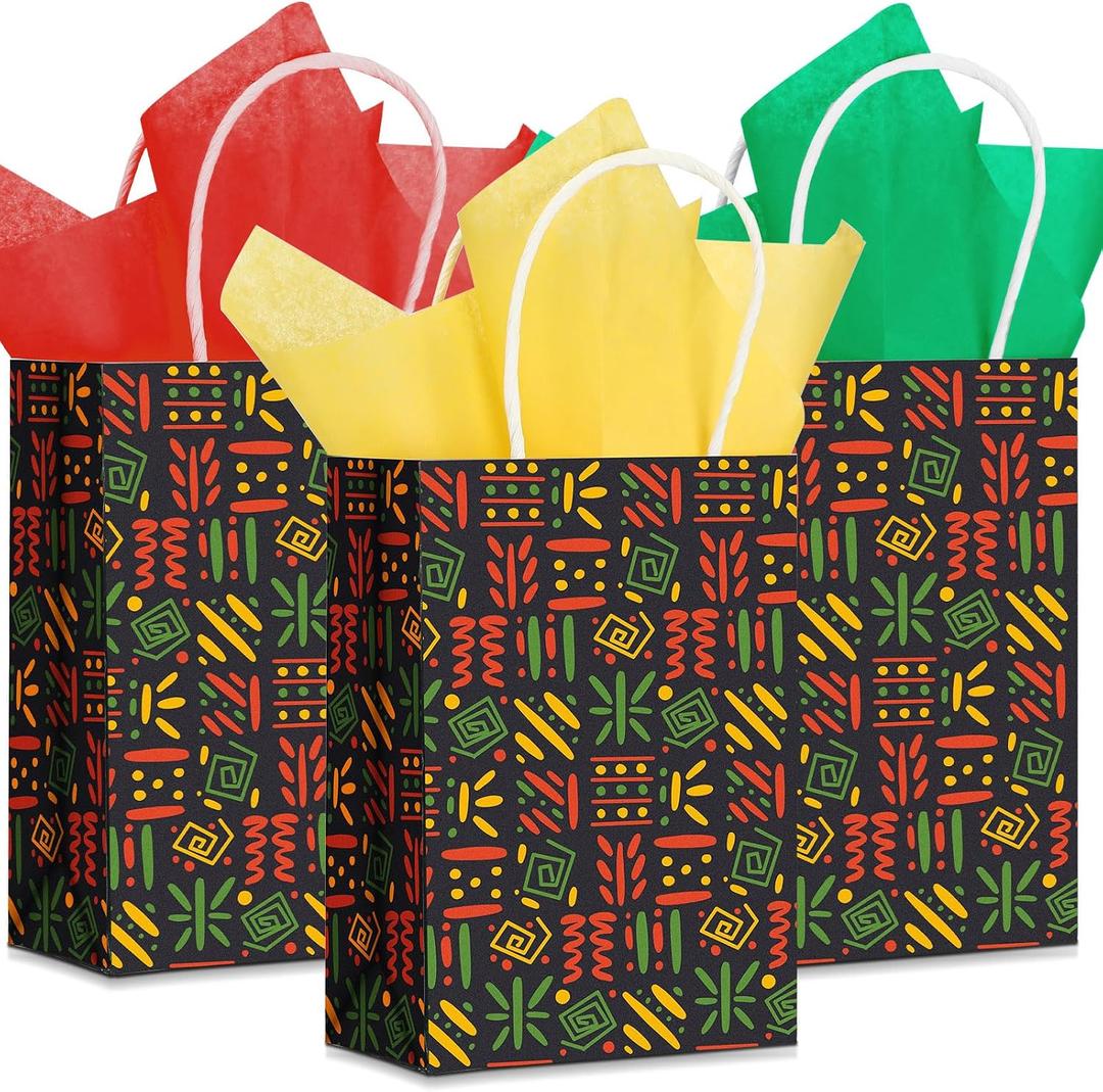 Gueevin 50 Pcs Happy Juneteenth Gift Bags Bulk with Handles Black History Month Treat Paper Bags Black Freedom Day Theme Favor Bags for Kwanzaa BHM African American Party Supplies