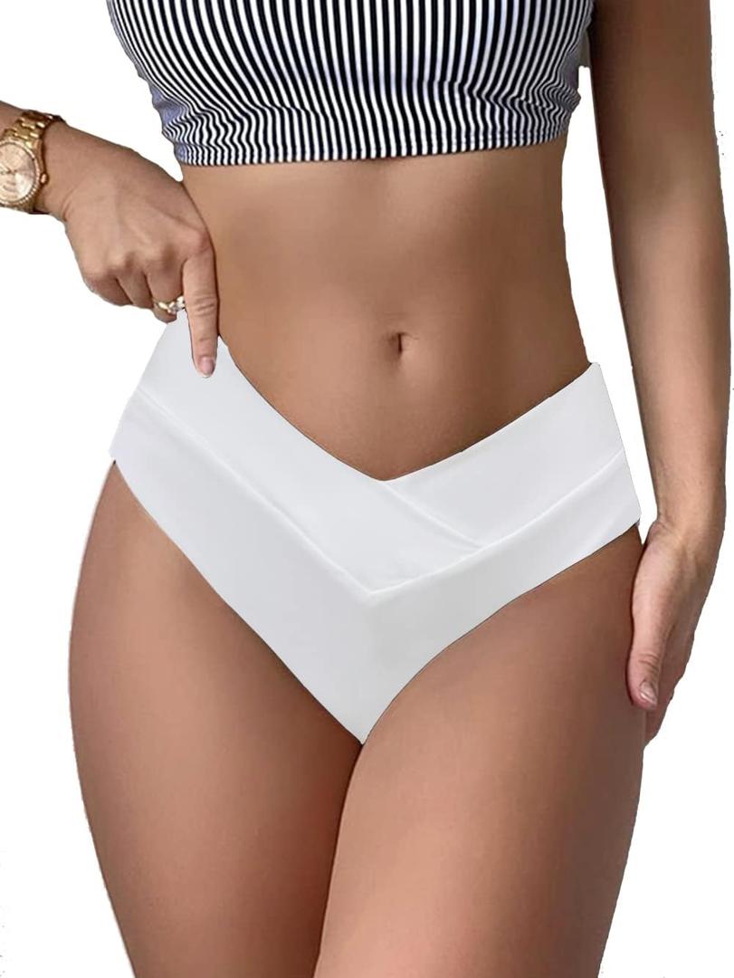 YELAIVP Women's V Cut Bikini Bottom Cheeky High Waisted High Cut Swimsuit Bathing Suit Bottoms (White)