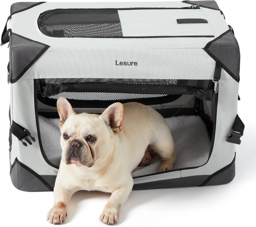 Lesure Collapsible Dog Crate - Portable Travel Kennel for Small Dog, 4-Door Pet Crate with Mesh Windows, Indoor & Outdoor, Light Gray 26in