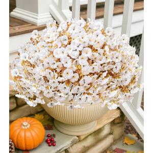 2 x Fake Mums Artificial Fall Flowers Fake Plants for Outdoors Autumn Decor, 12 Bundles White Silk Morning Glory with Eucalyptus Look Real UV Resistant Faux Flowers for Outside Planters Front Door Yard