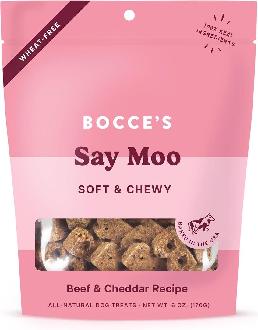 Bocce's Bakery Oven Baked Say Moo Treats for Dogs, Wheat-Free Everyday Dog Treats, Made with Real Ingredients, Baked in The USA, Natural Soft & Chewy Cookies, Beef & Cheddar Recipe, 6 oz (EXP 07/09/26)