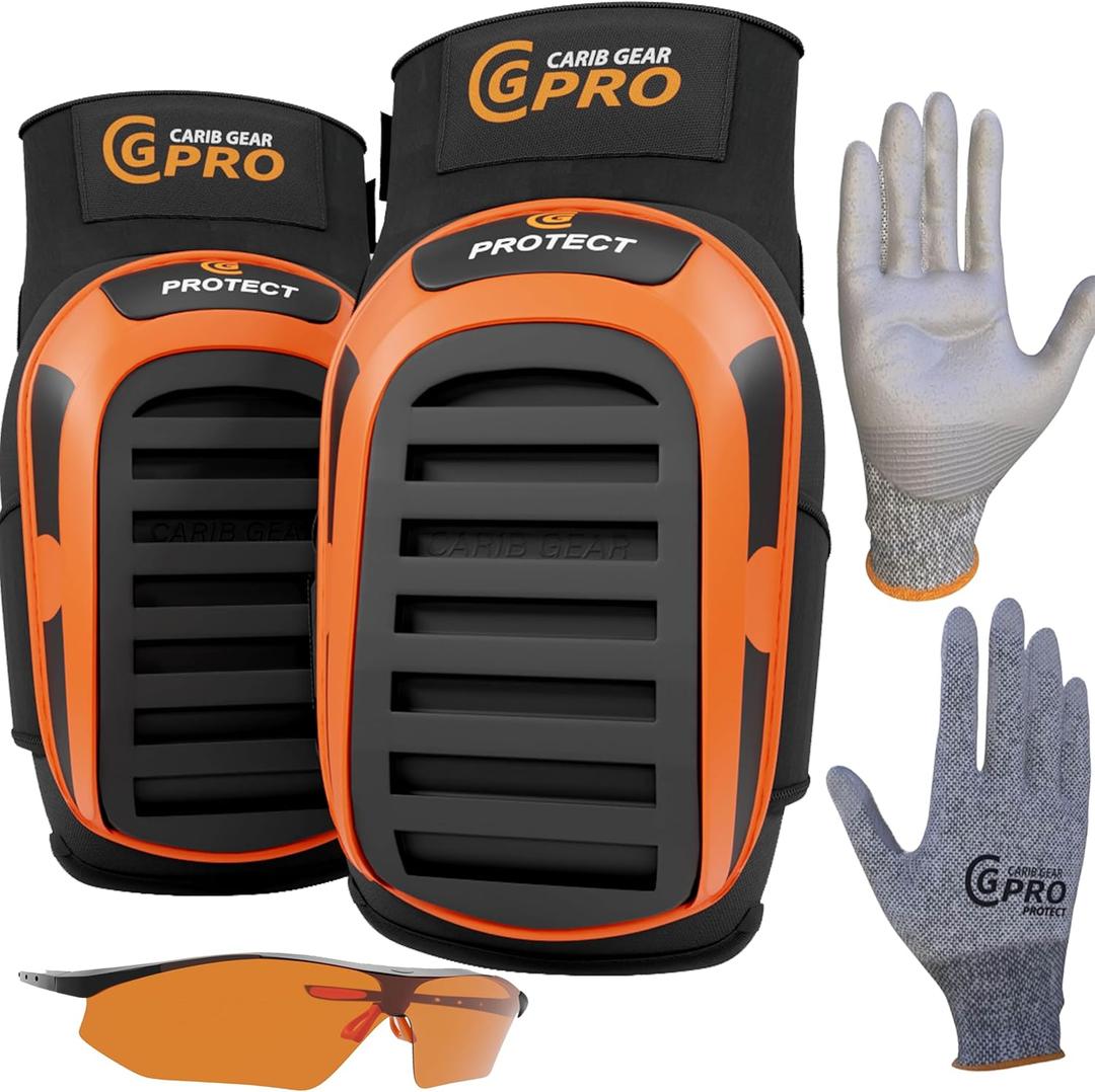 CARIB GEAR PRO USA Work Knee Pads for Men and Women Heavy Duty Double Gel Construction Knee Pads with Anti Slip Straps for Flooring Tiling Gardening Includes Leather Gloves and Safety Glasses 