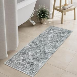 Uphome Gray Bathroom Rugs, Distressed Farmhouse Boho Bath Mat, Non Slip Washable Soft Velvet Bath Mats for Bathroom Floor, Vintage Traditonal Bath Runner for Bathtub Sink Shower, 18x47 inch (Grey)