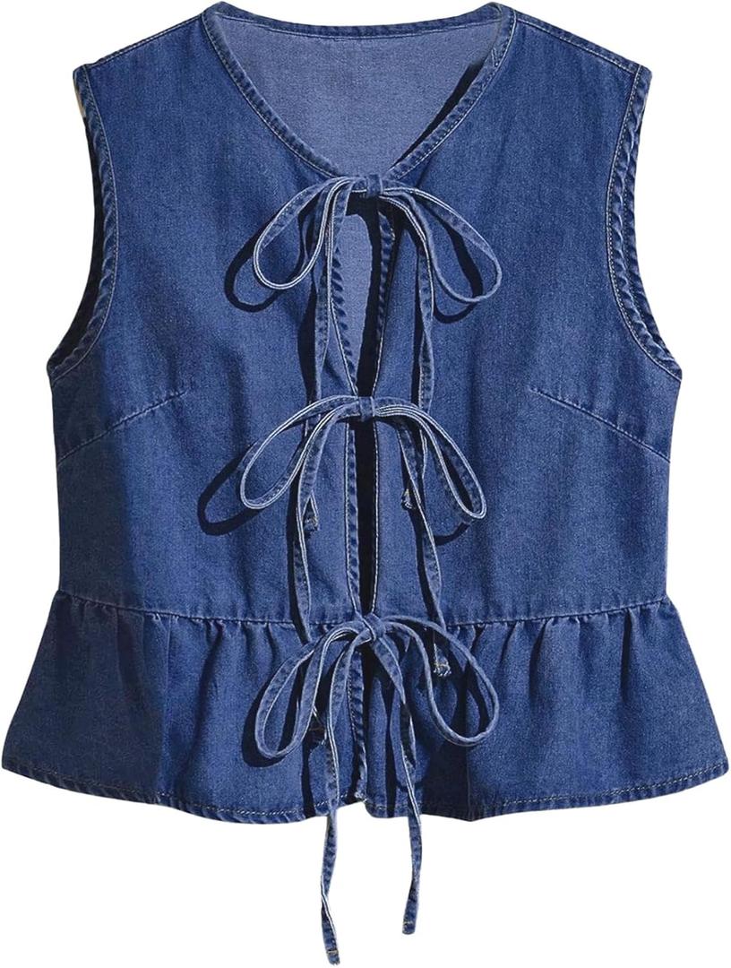 Remidoo Women's Tie Front Denim Vest Sleeveless Peplum Top Ruffle Hem Jean Waistcoat