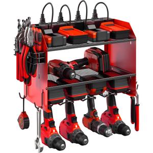 CCCEI Modular Power Tool Organizer Wall Mount with Charging Station. Garage Drill Storage Shelf with Hooks, Heavy Duty Rack, Tool Battery Holder Built in 8 Outlet. Gift for Men. Red, 2 Pack.
