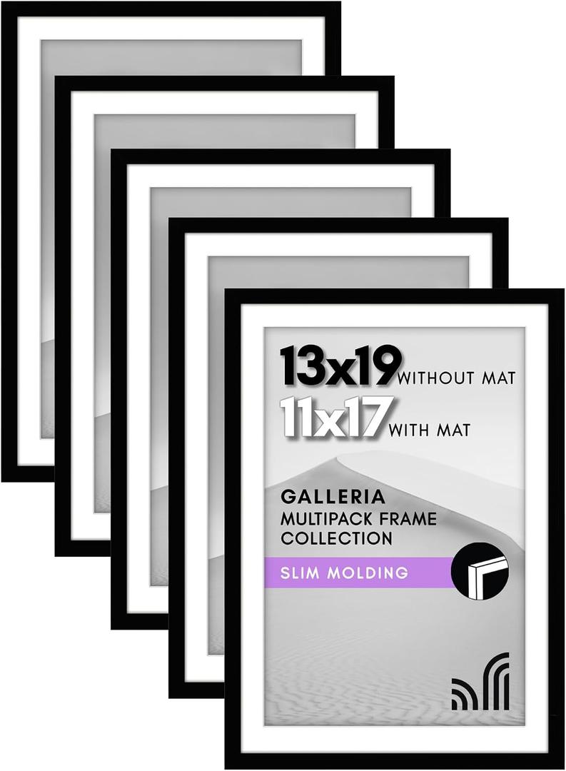Americanflat 13x19 Picture Frame with Polished Plexiglass - Set of 5 - Use as 11x17 Frame with Mat - Galleria Collection - Picture Frames for Wall Display - Black