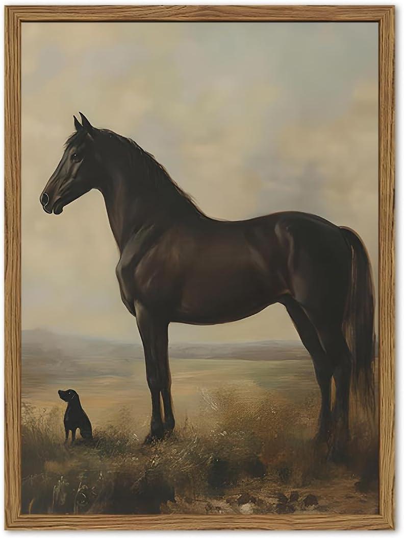 Vintage Black Horse Wall Art Cottagecore Horse and Dog Wall Decor Painting, Moody Rustic Animal Poster Canvas Print Picture for Living Room Bedroom 16x24 inch Wood Framed