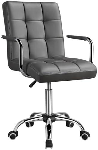 Yaheetech Mid Back Desk Chair, PU Leather Office Task Chair with Armrests/Large Seat, Adjustable Chair with Wheels, Grey