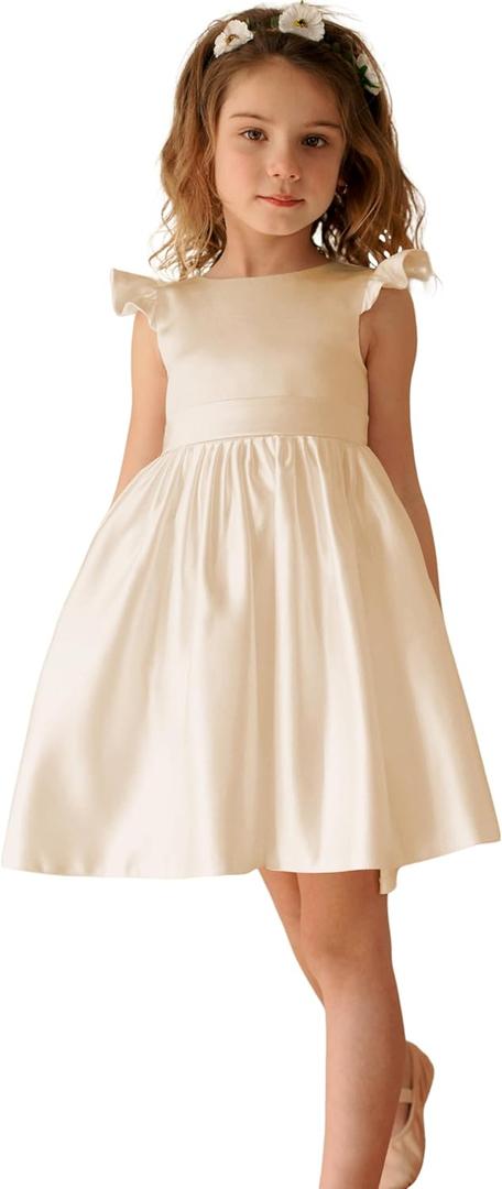 V-Back Satin Flower Girl Dress Girls Pretty Pageant for Wedding Guest First Communion Gown with Bowknot Size 4 Champagne