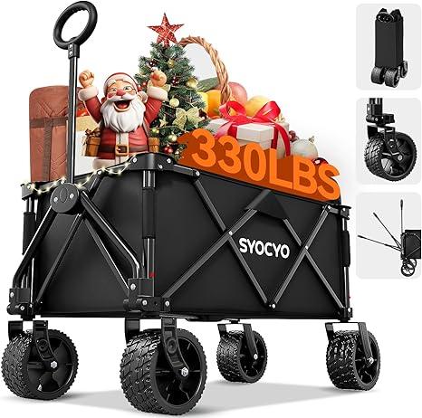 Collapsible Folding Wagon Cart, Wagons Carts Foldable with 330lbs Weight Capacity, Utility Garden Cart, Beach Wagon with All-Terrain Wheels for Camping, Sports, Shopping, Black